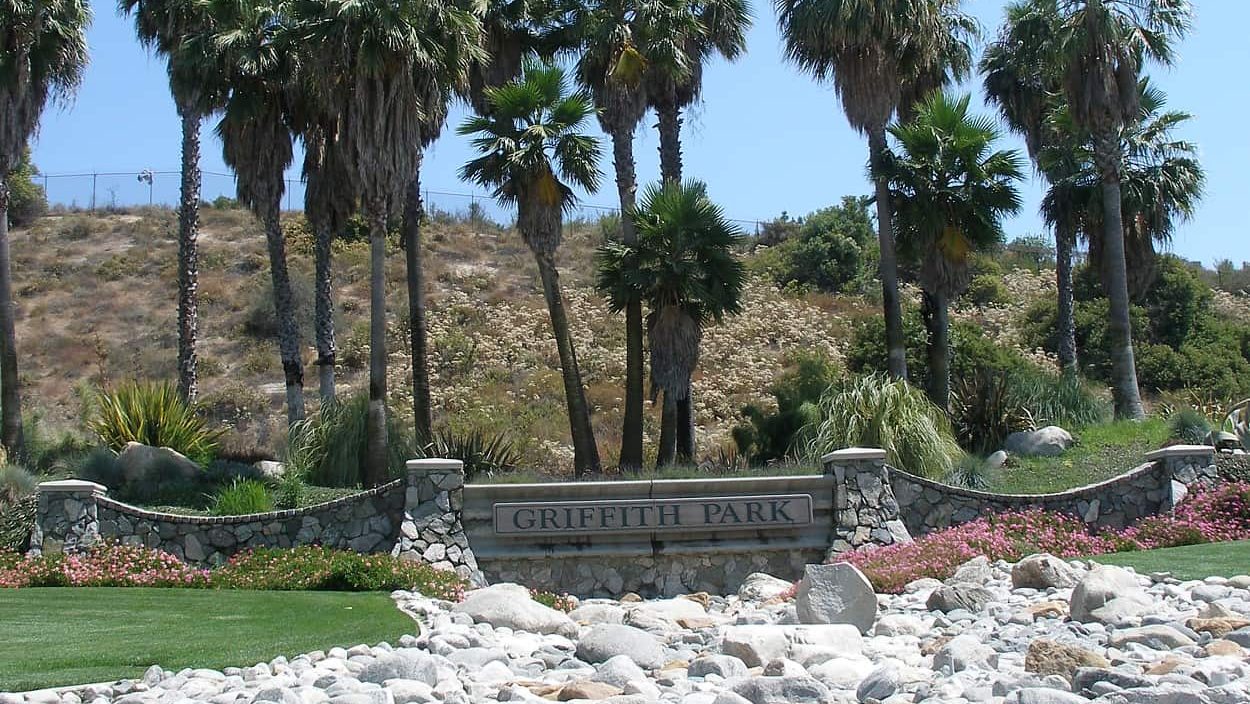 The Griffith Park welcome sign. It is located at the intersection of Forest Lawn Drive and Zoo Drive at the northwest corner of the park.