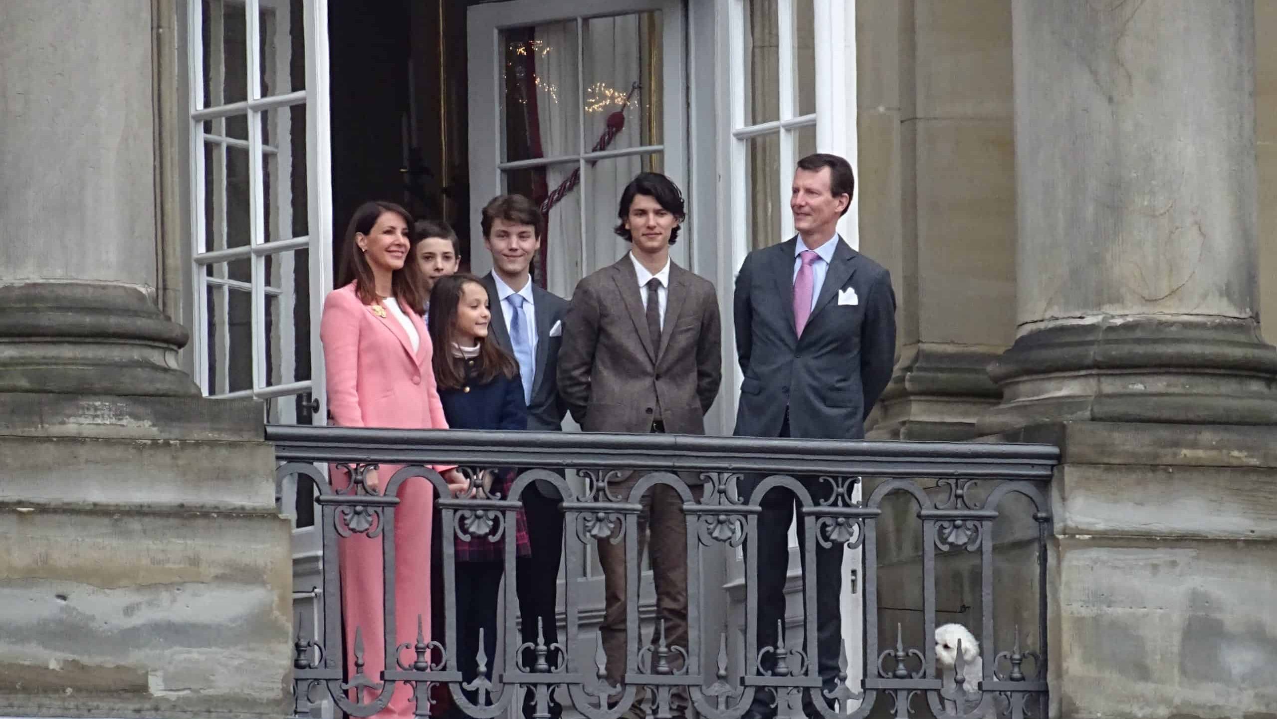 On the 83th birthday of Queen Margrethe II of Denmark she and the royal family were waving to the public from Amalienborg Palace. Princess Marie, Count Henrik, Countess Athena, Count Felix, Count Nikolai and Prince Joachim.