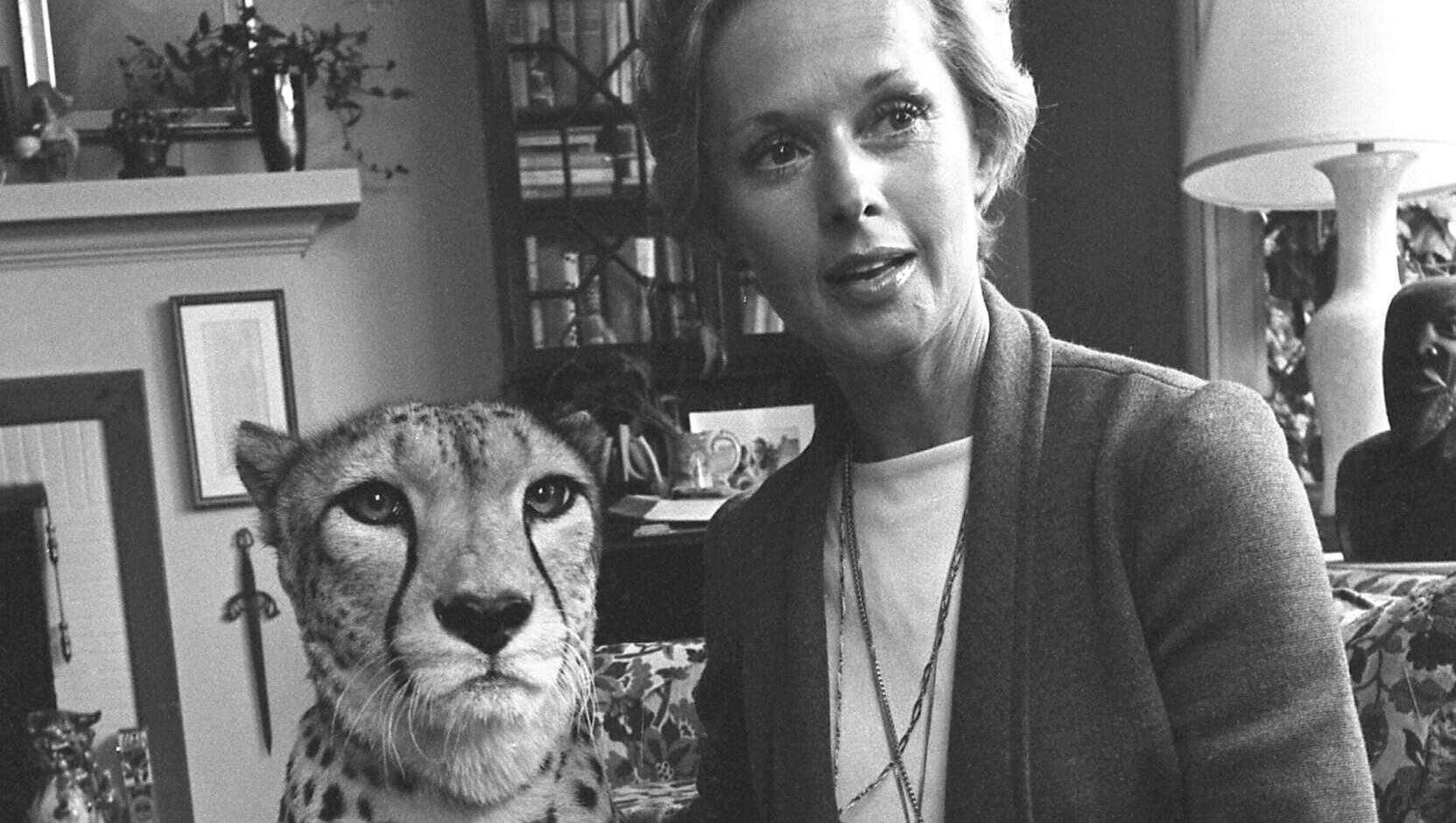 Tippi Hedren with her pet cheetah, Pharaoh, in the living room of her home in Los Angeles, Calif.
