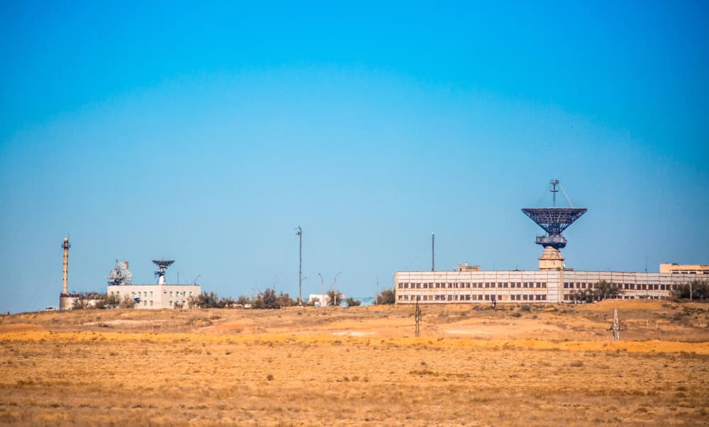 Antenna at the spaceport. The tracking center at the Baikonur cosmodrome, a signaling station launching rockets. Space technology