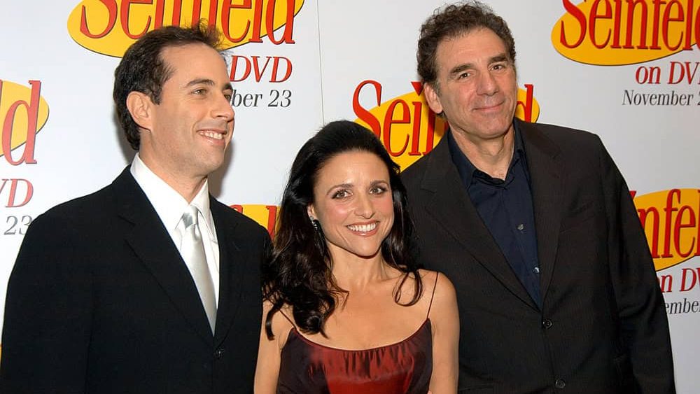 Jerry Seinfeld, Julia Louis-Dreyfus, and Michael Richards at the celebration for the release of the SEINFELD DVD at the Rainbow Room, New York, November 17, 2004