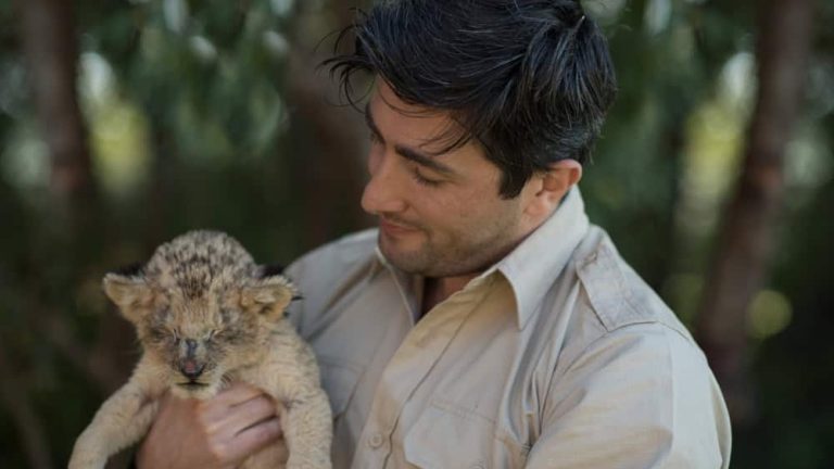 Man with a baby lion, lion cub and young man.