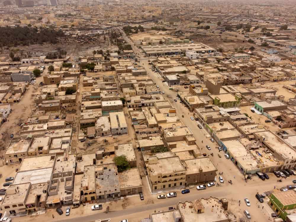 Aerial wide panorama of the west part of Nouakchott, Mauritania At the background appears the Mosque Marocaine