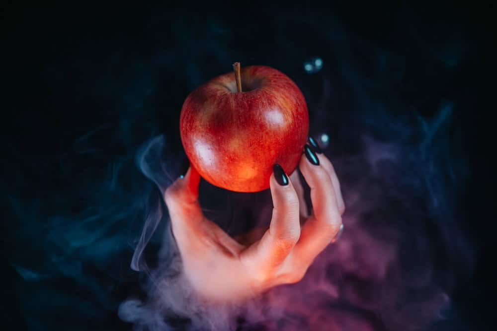 Woman as witch offers red apple as symbol of temptation, poison. Fairy tale, white snow wizard concept. Spooky halloween, cosplay. Smoke, haze background. High quality photo