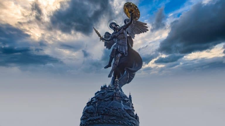 Kyiv, Ukraine - June 1, 2022: Fountain with a sculpture of Archangel Michael in the park Volodymyr Hill in Kyiv, Ukraine