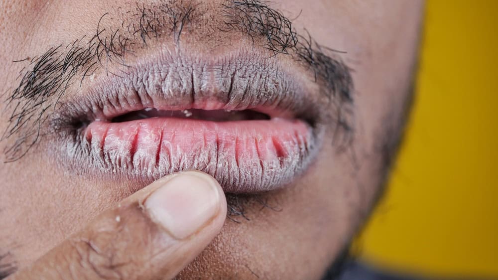 Close up of a young men hand dry lips