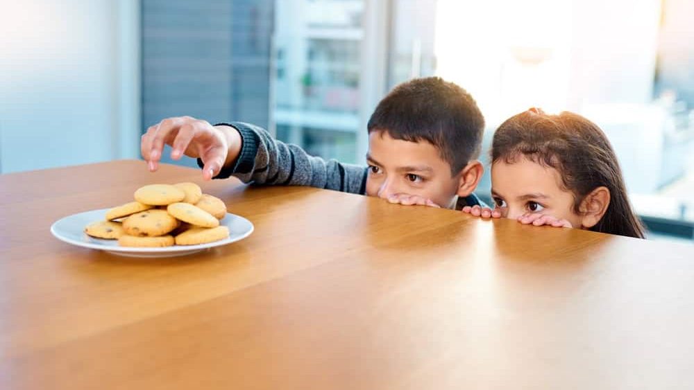 Im going in, cover me sis. two mischievous young children stealing cookies on the kitchen table at home.