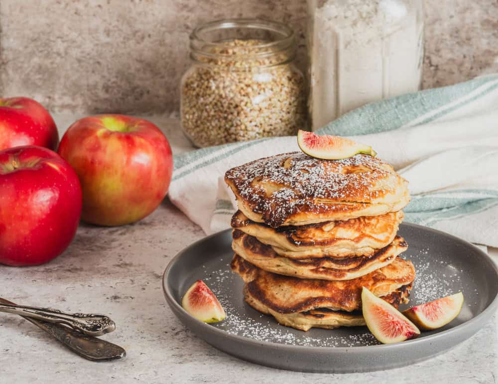 Autumn morning breakfast: pancakes made with buckwheat flour and apples.