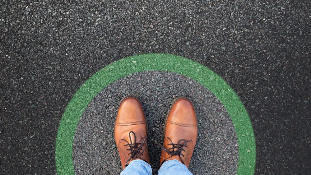 Comfort zone concept. Feet standing inside comfort zone circle.