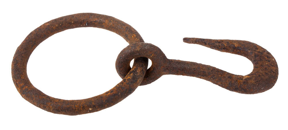Old rusty hook isolated on white background. Detail for design. Design elements. Macro. Background for business cards, postcards and posters.