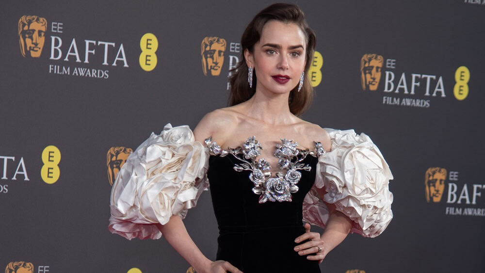 London, England, UK - February 18, 2024: Lily Collins attends the BAFTA British Academy Film Awards at the Royal Festival Hall, Southbank Centre.