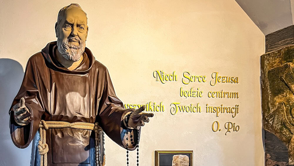 Sanctuary of Saint Padre Pio -a sanctuary located on Przeprosna Gorka in Siedlec near Czestochowa, Poland. Interior of the lower church. Figure and relics of Father Pio