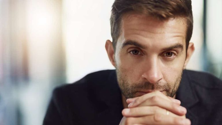 Thinking, mindset and portrait of business man for policy, finance regulations or compliance officer. Reflection, brainstorming and planning with person at insurance company for risk management