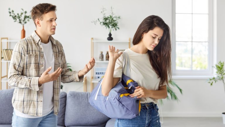 Girl leaving boyfriend, break up relationships problems, young wife going away from offended husband after conflict in marriage, upset couple after fight dispute, making decision of get divorced