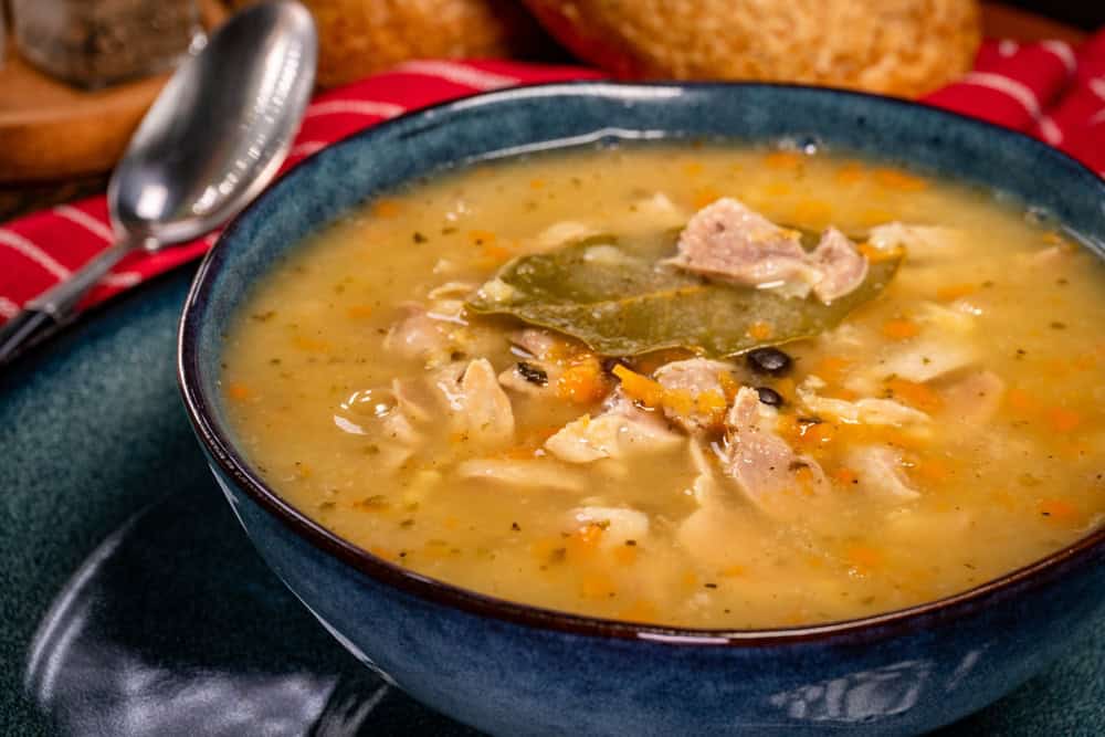 Hot tripe soup made of chicken stomach and vegetables. Selective focus.