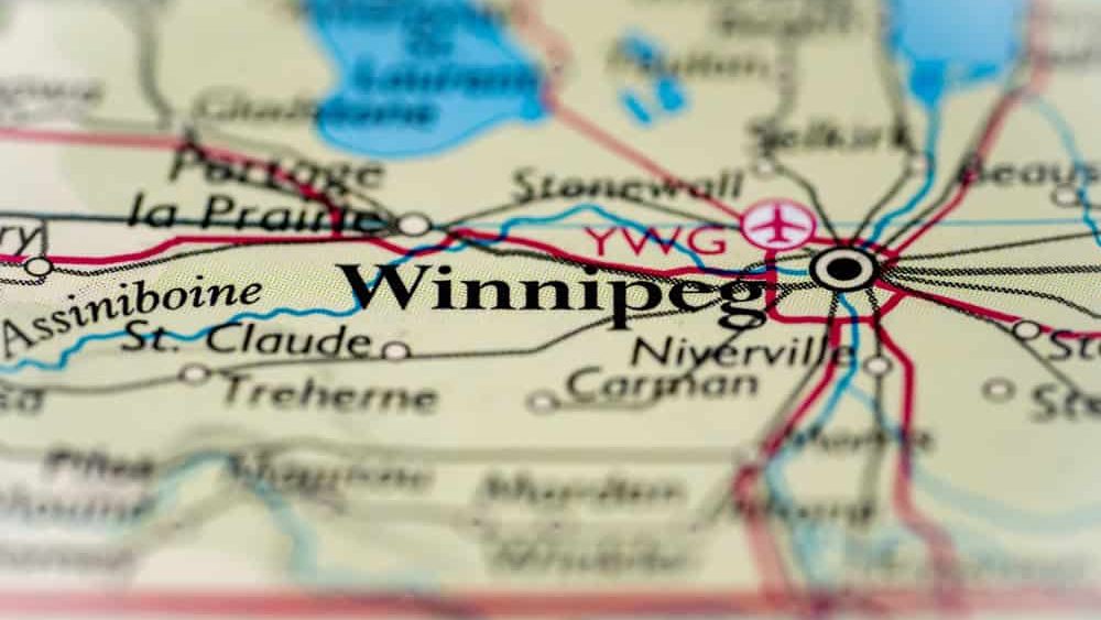 Winnipeg, Canada highlighted on a world map.