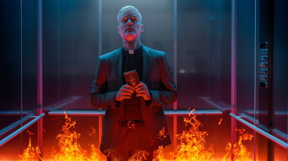 Terrified sinful priest standing in an elevator surrounded by flames and going to hell, he is holding a Bible and looking up