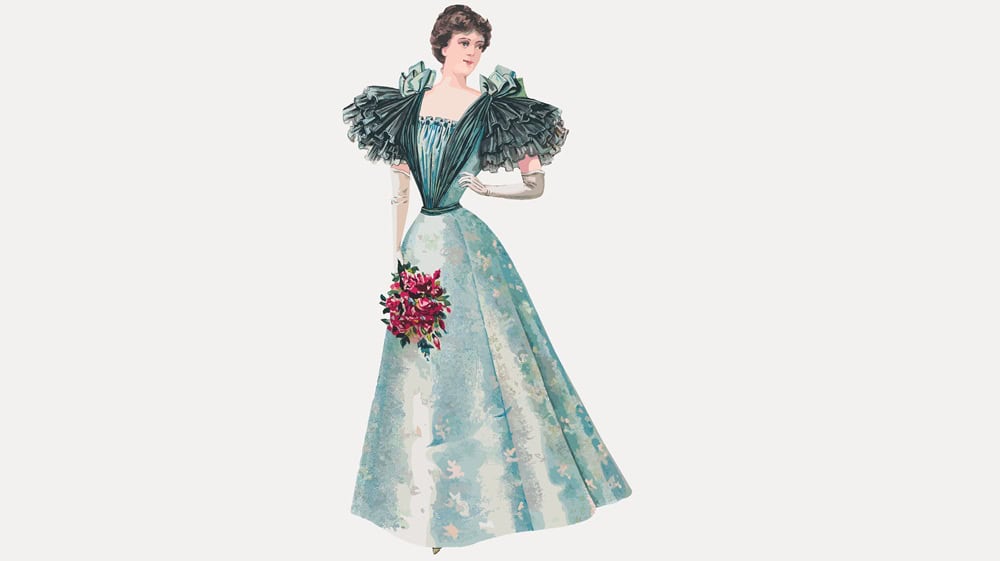Elegant vintage illustration of a woman in a Victorian dress. The woman holds a bouquet, showcasing classic Victorian fashion and style. Vintage charm and elegance. Vintage woman vector.
