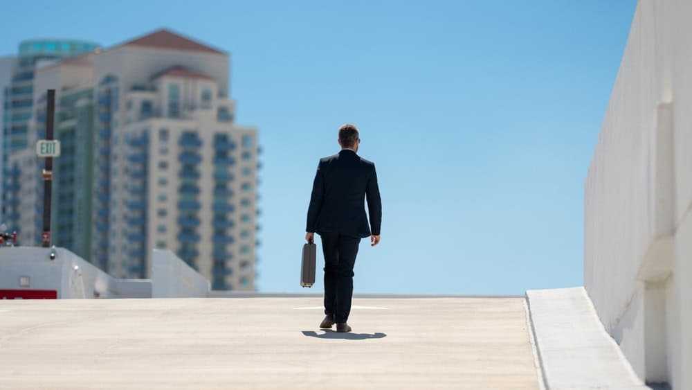 Back view of business man with briefcase walking. Business man walking away. Corporate leader go away. Man in suit with briefcase. Business professional from behind. Urban business man.