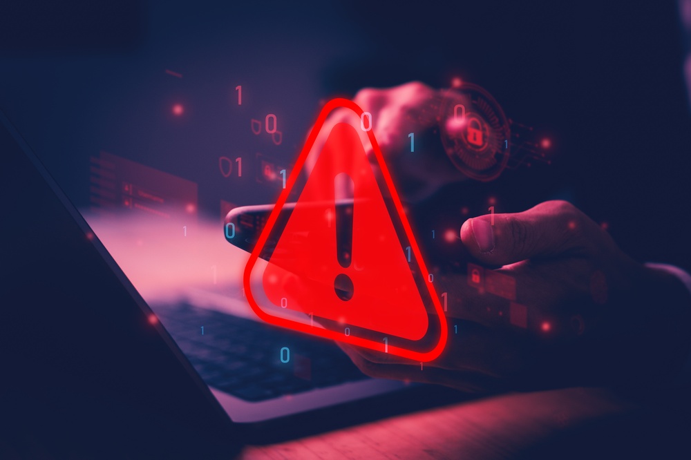 System hacked warning alert on laptop. Cyber security notification, data breach risk, digital attack, network protection, online privacy threat
