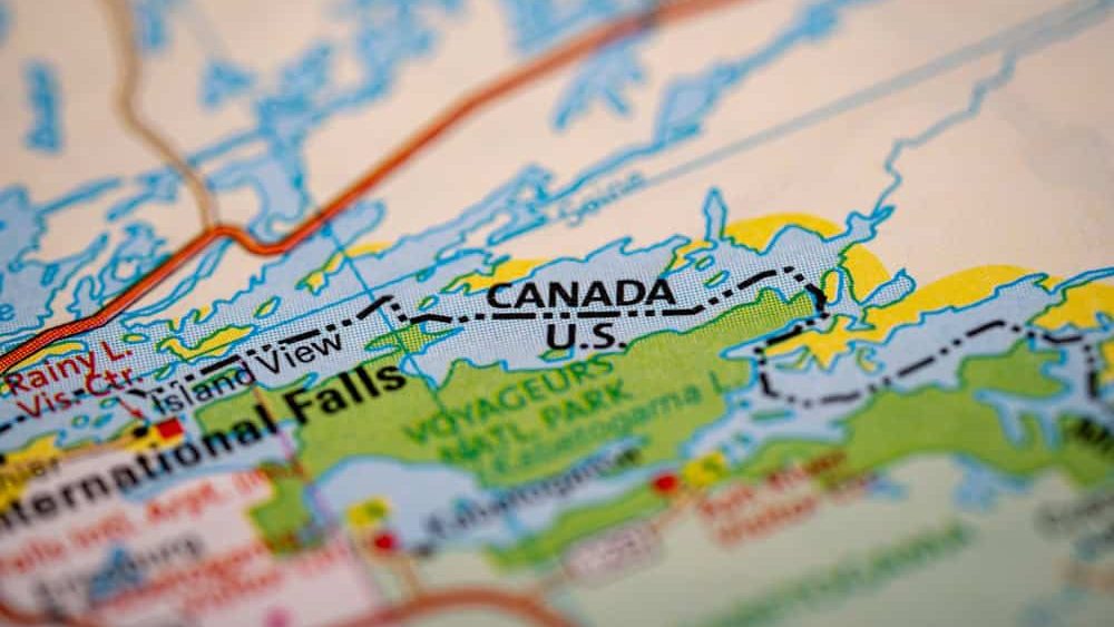 View of Canada and United States border on Rainy Lake map.