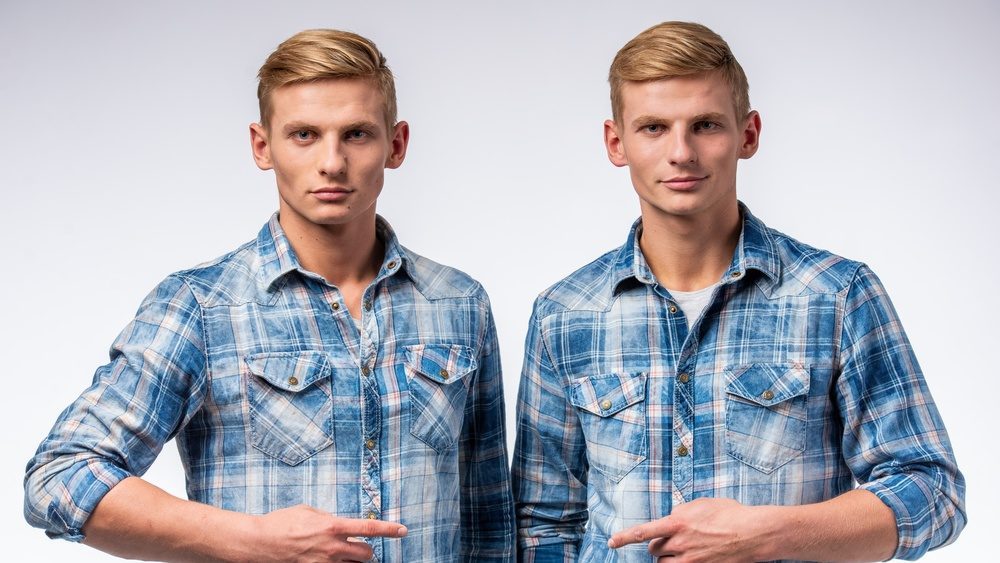 Two twin men in plaid shirts pointing sideways, standing in studio on neutral background.