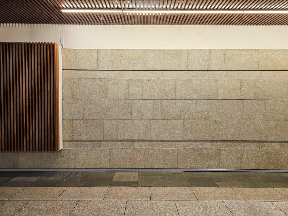Modern Interior Room with Acoustic Wood Panel and Brick Wall.