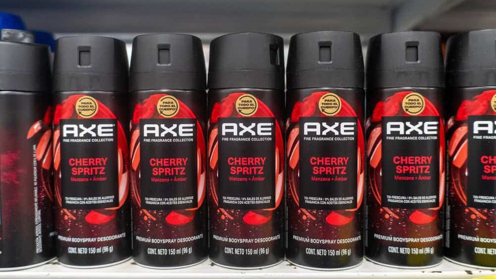 Villa de Alvarez, Colima. April 14, 2026: Multiple Cans of Cherry Spritz Axe Fine Fragrance Bodyspray Deodorant Lined Up on a Shelf