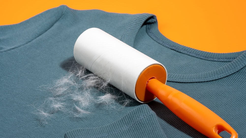 Adhesive lint roller removing pet hair from teal blue sweatshirt on bright orange background. Concept of sticky tape solution for shedding control, fabric refresh and maintaining clean casual clothing