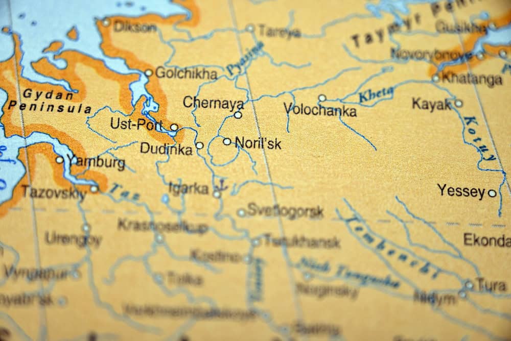 Norilsk City Location on World Map with Defocused Backgrounda