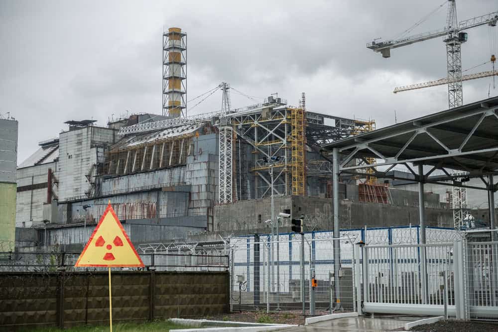 Chernobyl nuclear power station, 4-th block with warning sign