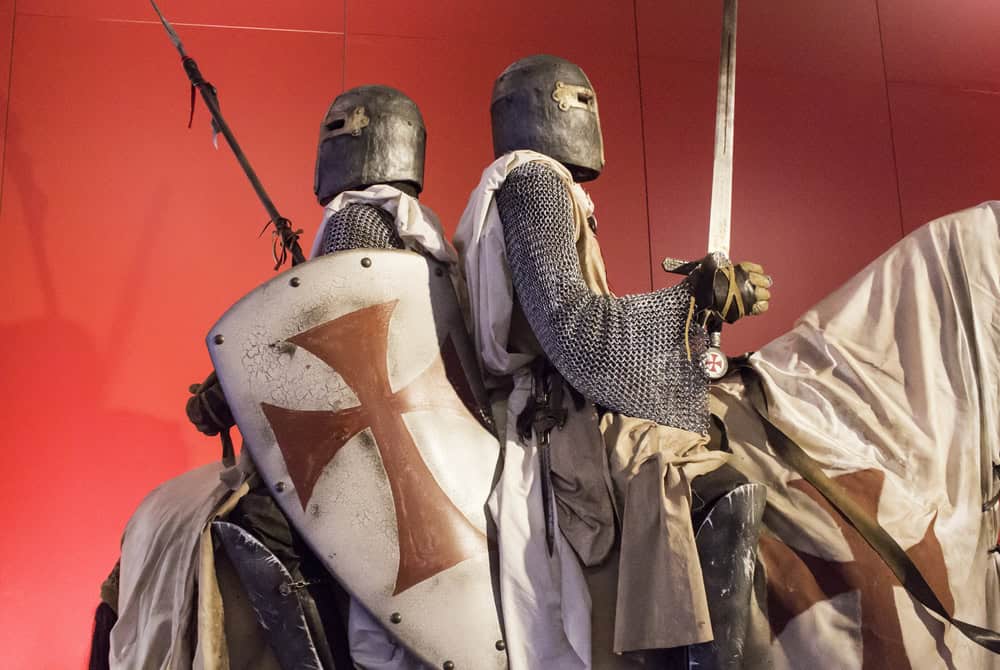 Knights Templar with armor on horse, history and war