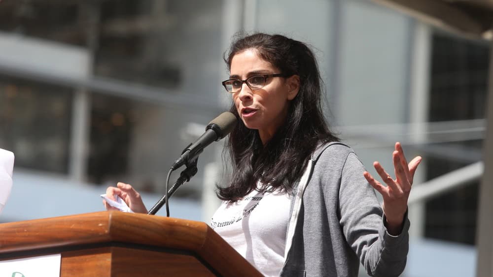 NEW YORK CITY - APRIL 15 2017: Thousands turned out for a "Tax Day" rally at Bryant Park & march to Trump Tower demanding the President release his taxes. Comedian & actress Sarah Silverman