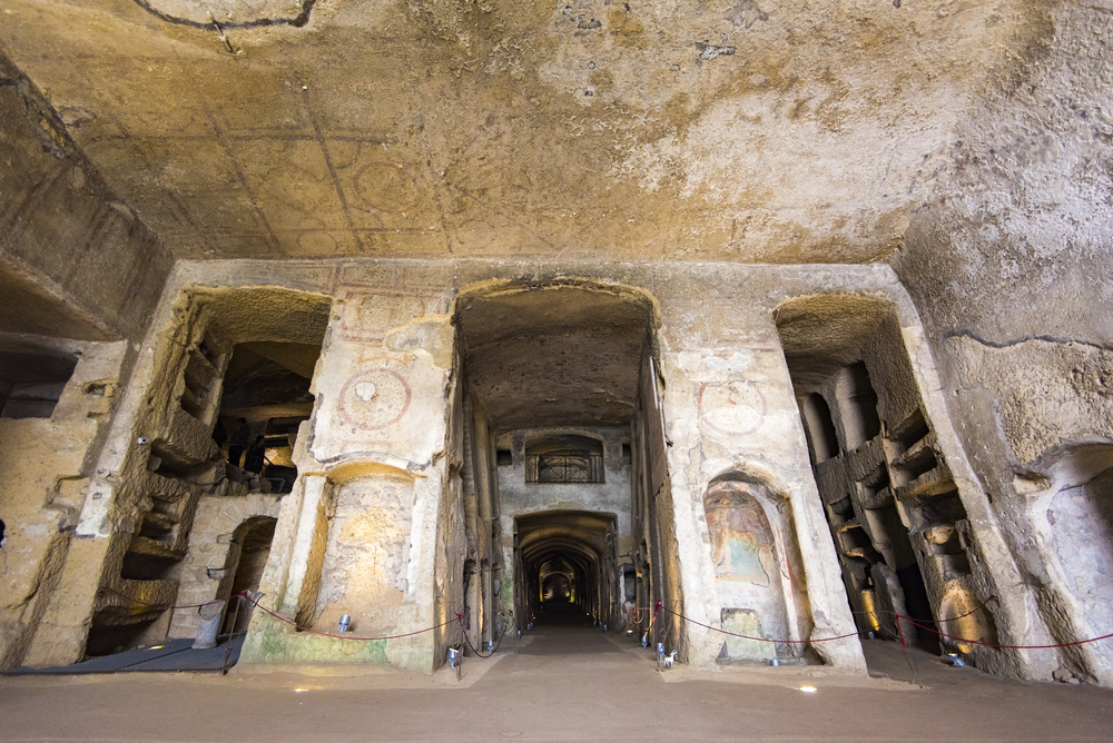 NAPLES - MAR 31: The Catacombs of San Gennaro in Naples on March 31. 2017 in Italy, The Catacombs of San Gennaro are underground paleo-Christian burial sites in Naples, Italy.