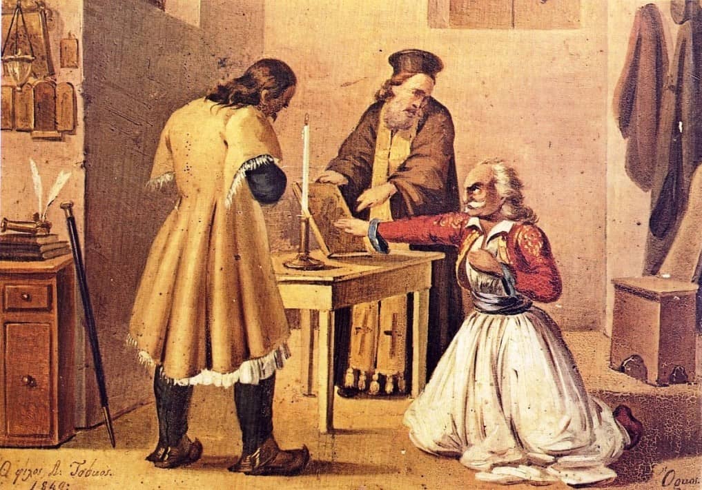 The Oath of Initiation into the Society, painting by Dionysios Tsokos, 1849.
