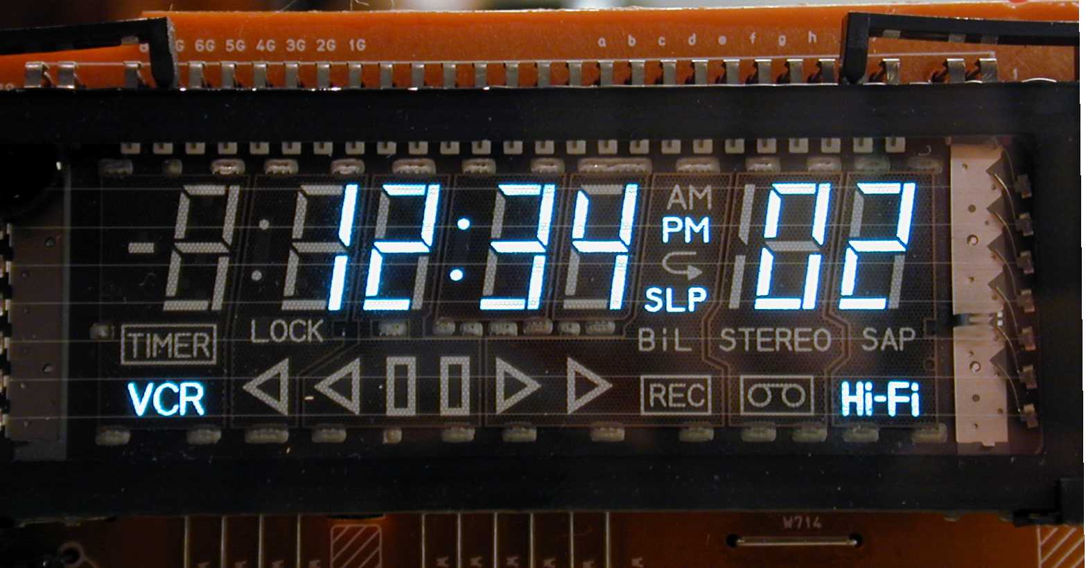 A vacuum fluorescent display from an entirely-typical VCR (video cassette recorder)