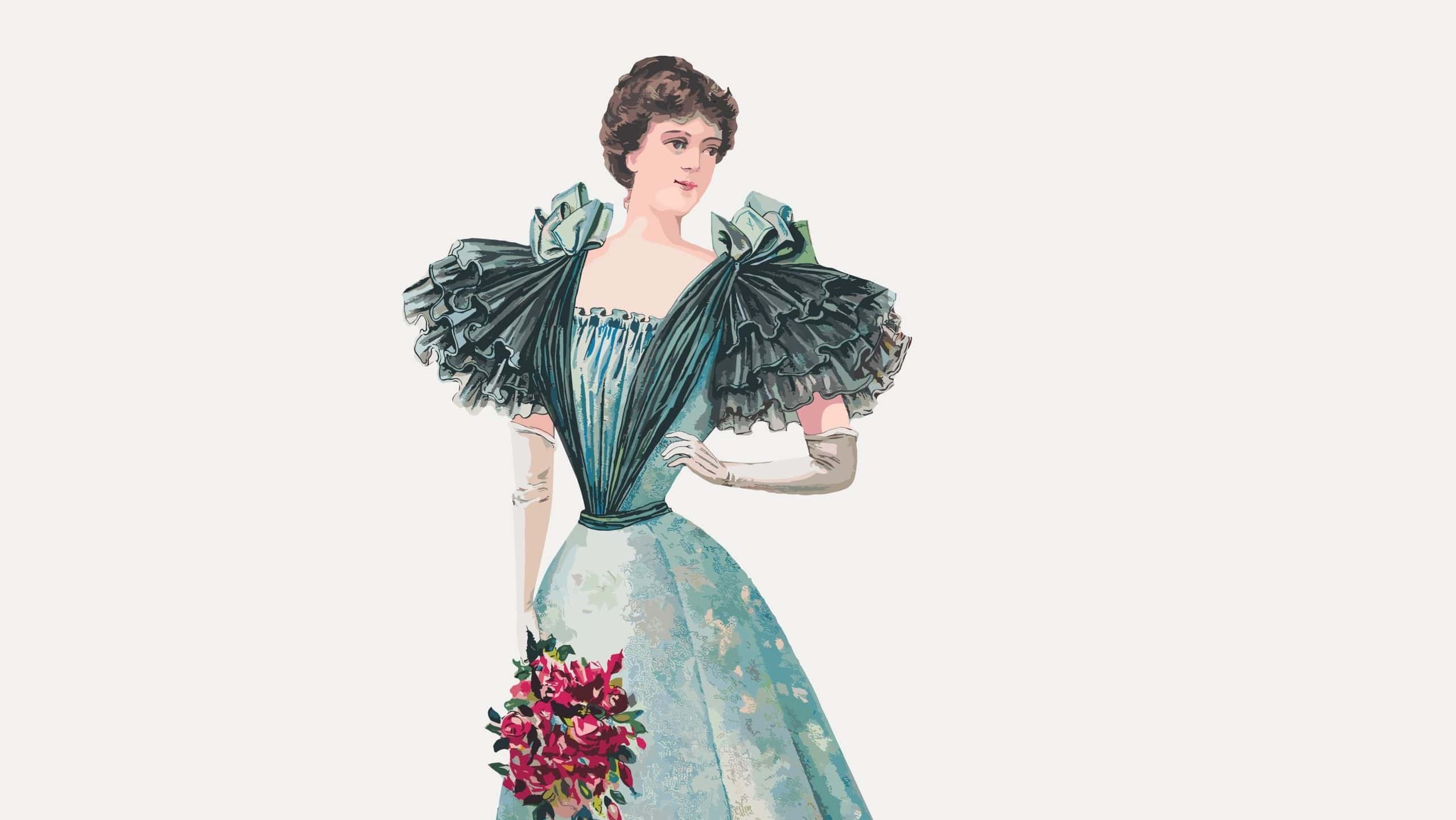 Elegant vintage illustration of a woman in a Victorian dress. The woman holds a bouquet, showcasing classic Victorian fashion and style. Vintage charm and elegance. Vintage woman vector.