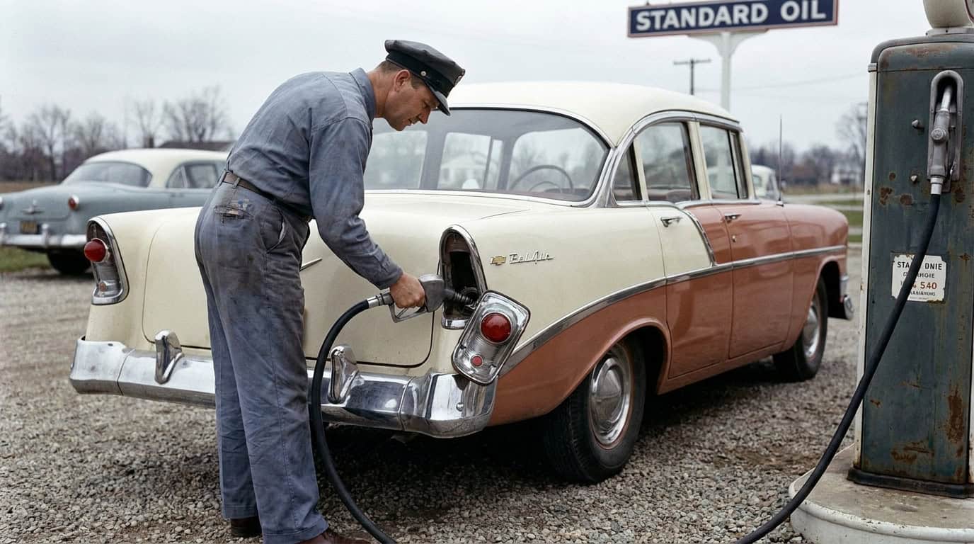 man filling gas in 1956 Chevrolet