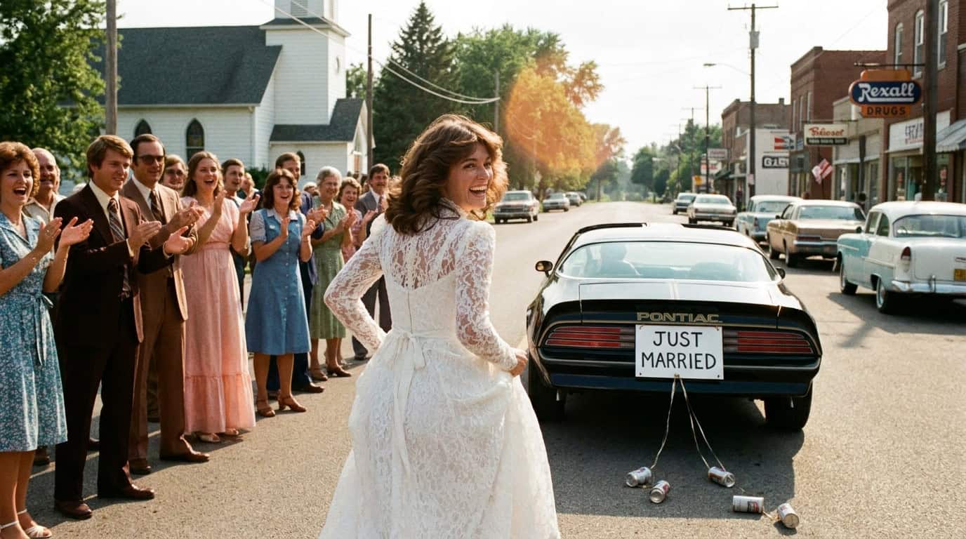 late-1970s small-town wedding scene, a young woman with feathered brunette hair in a white wedding dress laughing as she runs toward a vintage black Trans Am, shot on 35mm film, horizontal 16:9.