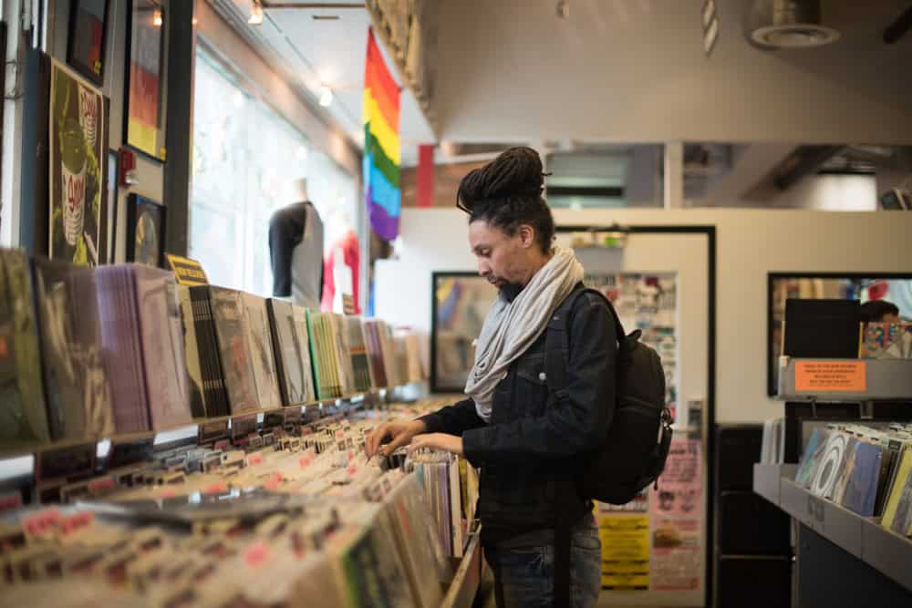 Los Angeles, California, USA February 26 2017 Customers search for vinyl records at Amoeba Records in Downtown Los Angeles
