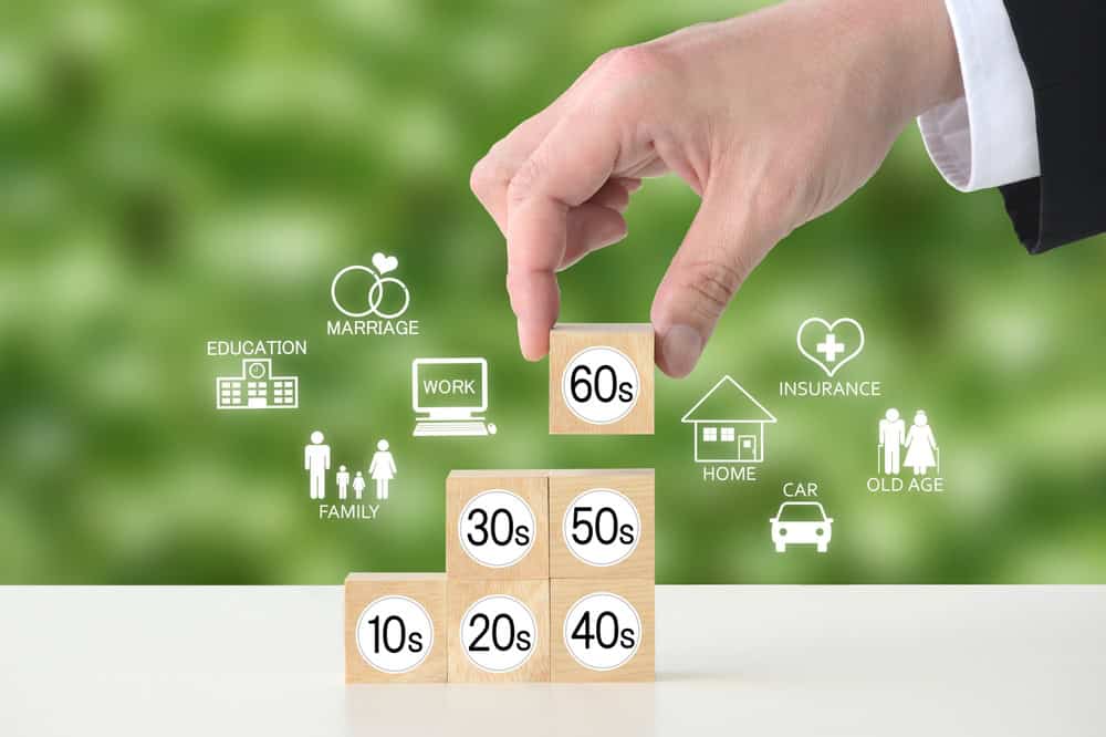 Life event pictograms and business man's hand picking up wooden block with various age word