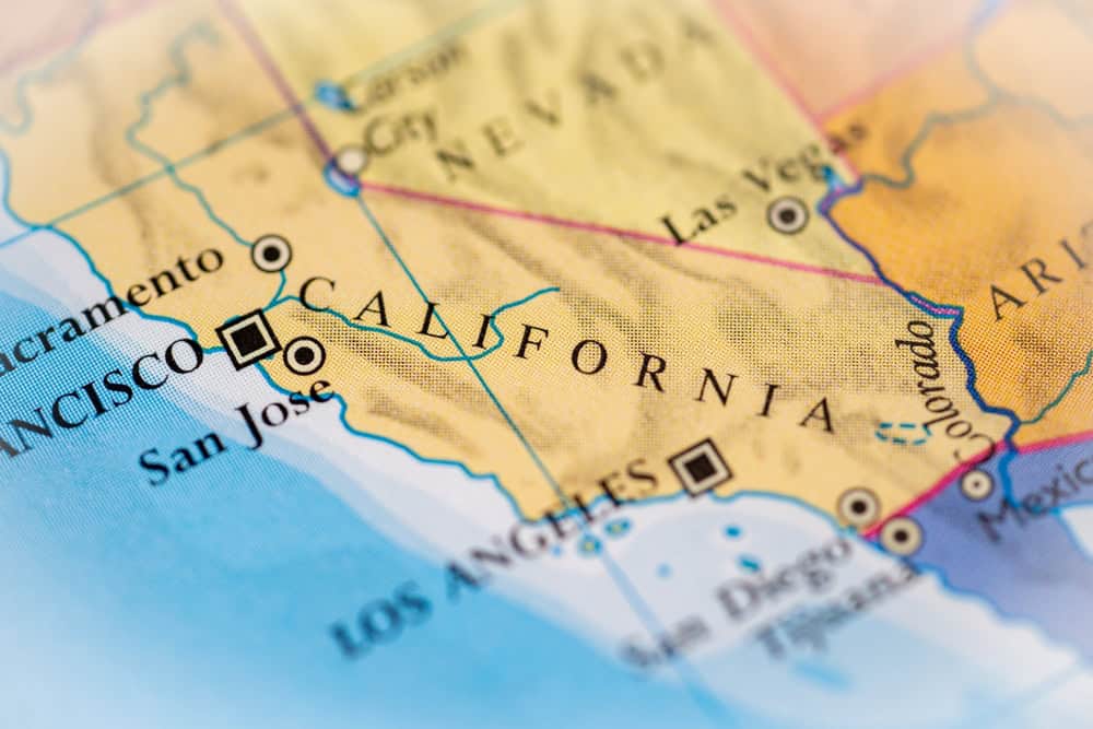 California, United States highlighted on a world map.