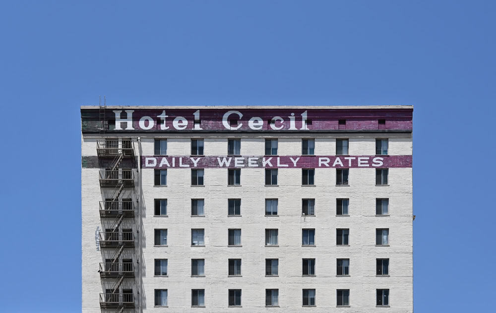 LOS ANGELES, CALIFORNIA - 19 MAY 2025: The Hotel Cecil, an affordable housing complex, is widely considered among the most haunted hotels in the world.