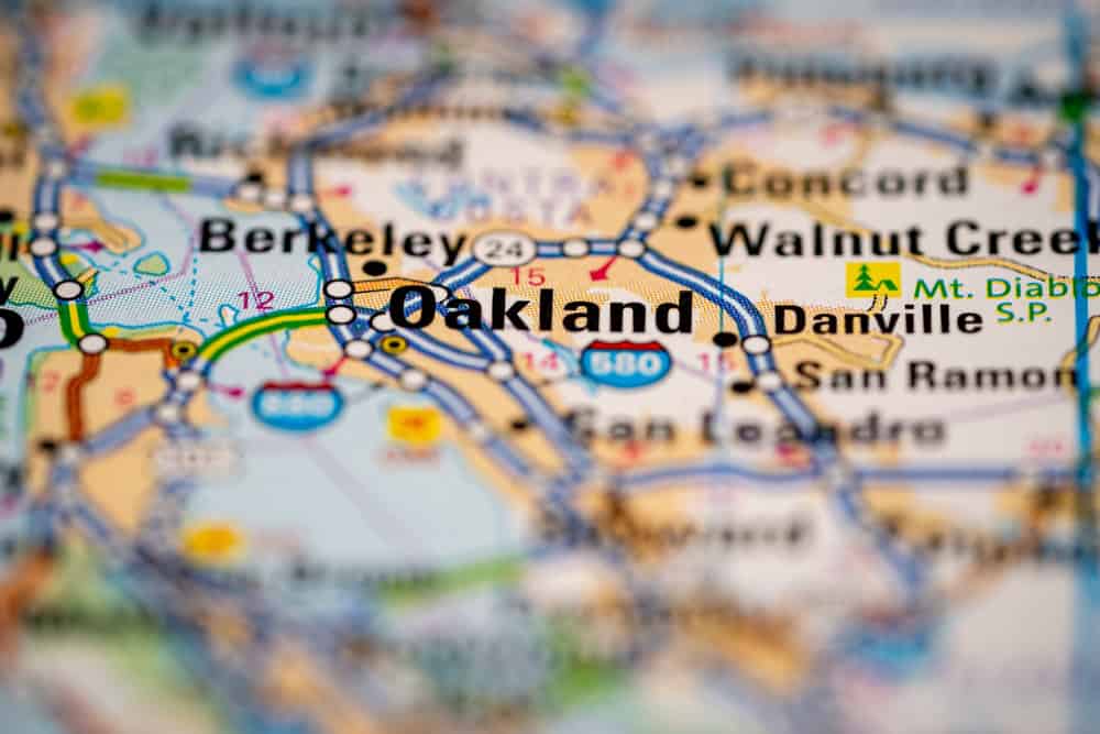 Oakland, California in the United States, highlighted on a world map.