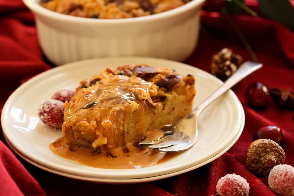 Bread pudding with caramel sauce, selective focus