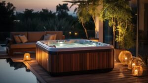 Cozy Hot Tub on a Deck, Surrounded by Glowing Candles and Twinkling Lights