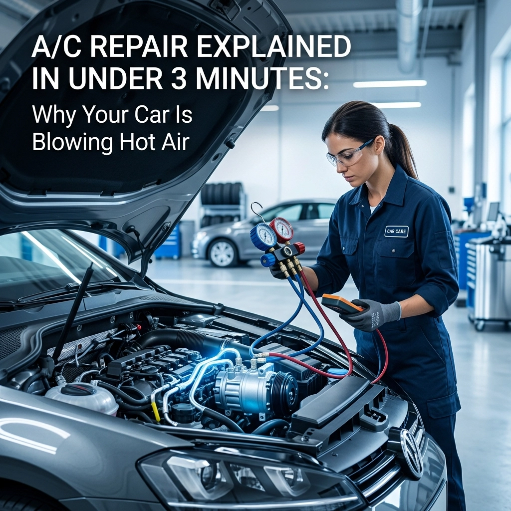 A/C repair technician checking car's air conditioning system with gauges in auto shop.
