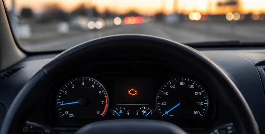 Car dashboard with warning lights at BlueStone Automotive, auto repair experts.