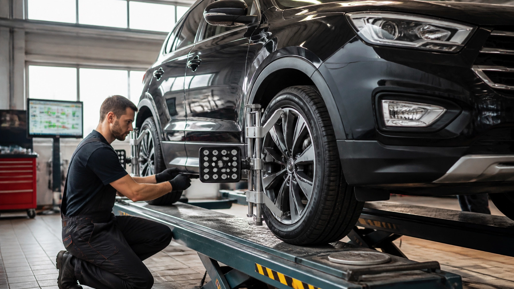 Technician inspecting a black SUV on a lift at Bluestone Automotive.