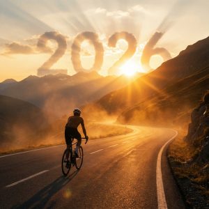 Cyclist riding a road bike on a scenic mountain road at sunrise, symbolizing the start of the 2026 cycling season.

